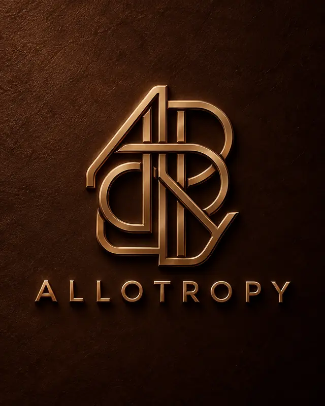 Monograma y logotipo de Allotropy en relieve de bronce sobre una placa oscura